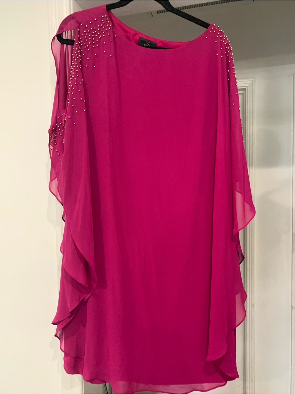 Beaded Fuchsia Sleeved Chiffon Dress